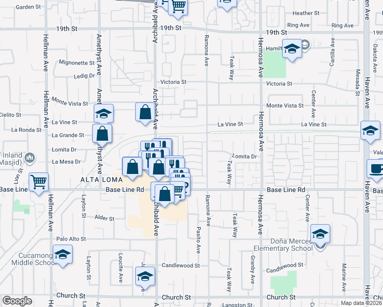 map of restaurants, bars, coffee shops, grocery stores, and more near 9601 Lomita Ct in Rancho Cucamonga