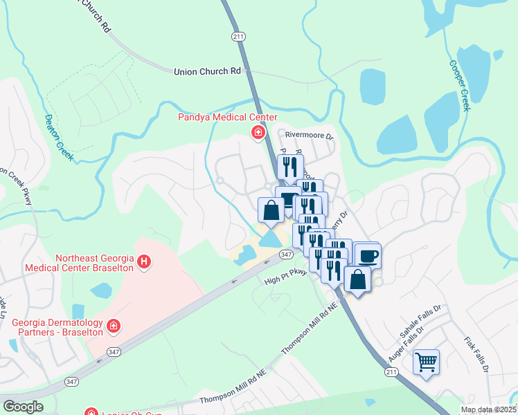 map of restaurants, bars, coffee shops, grocery stores, and more near 5762 Berkshire Trce in Braselton