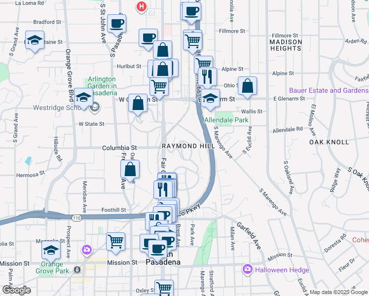map of restaurants, bars, coffee shops, grocery stores, and more near 188 Cedar Crest Avenue in South Pasadena
