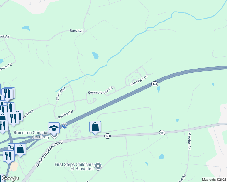 map of restaurants, bars, coffee shops, grocery stores, and more near 505 Walnut Woods Drive in Braselton