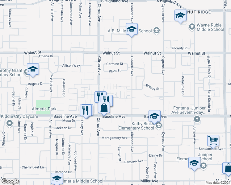 map of restaurants, bars, coffee shops, grocery stores, and more near 7155 Citrus Avenue in Fontana