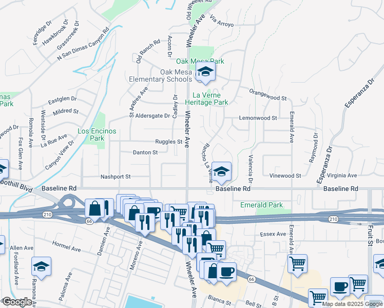 map of restaurants, bars, coffee shops, grocery stores, and more near 4736 Wheeler Avenue in La Verne