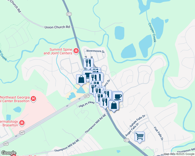 map of restaurants, bars, coffee shops, grocery stores, and more near 6133 Mulberry Park Drive in Braselton