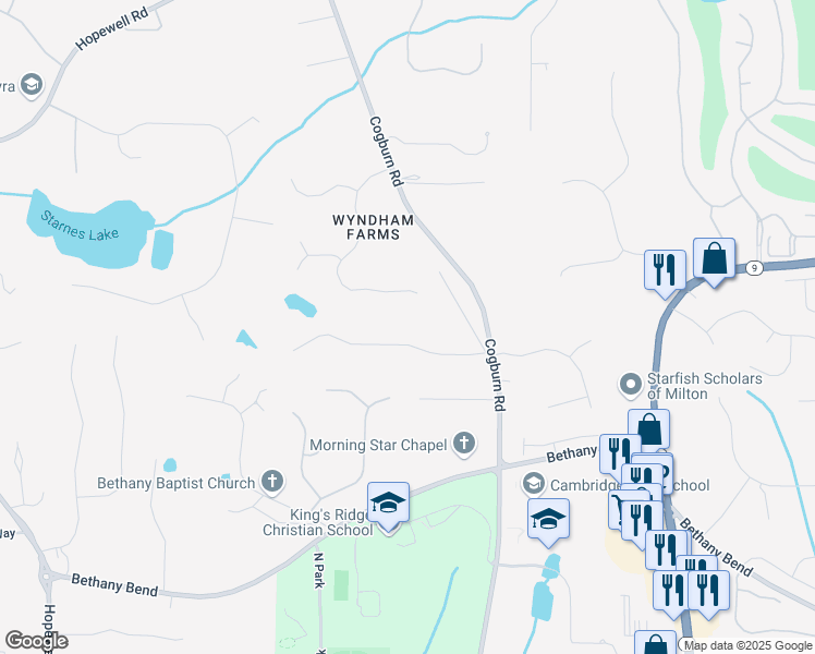 map of restaurants, bars, coffee shops, grocery stores, and more near 555 Devonshire Farms Way in Alpharetta
