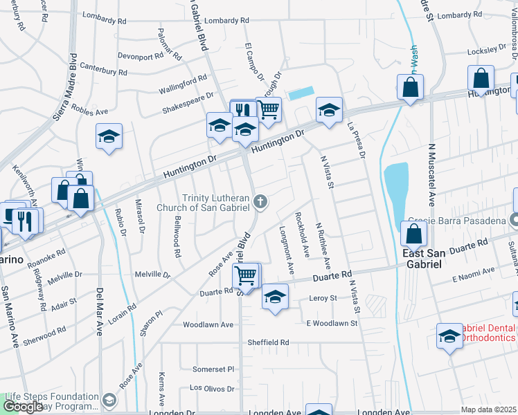 map of restaurants, bars, coffee shops, grocery stores, and more near 6956 San Gabriel Boulevard in San Gabriel