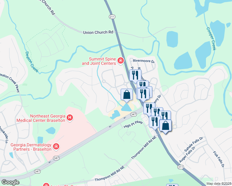 map of restaurants, bars, coffee shops, grocery stores, and more near 6144 Summerall Circle in Braselton