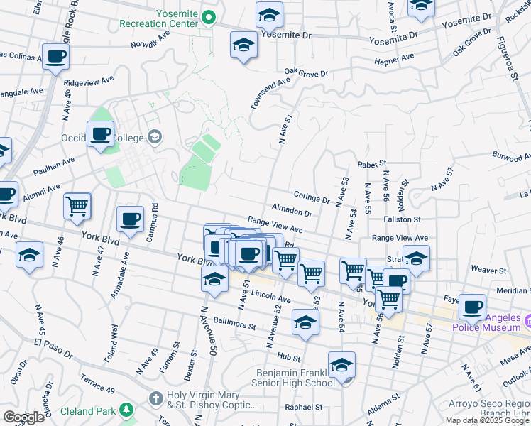 map of restaurants, bars, coffee shops, grocery stores, and more near 5050 Range View Avenue in Los Angeles
