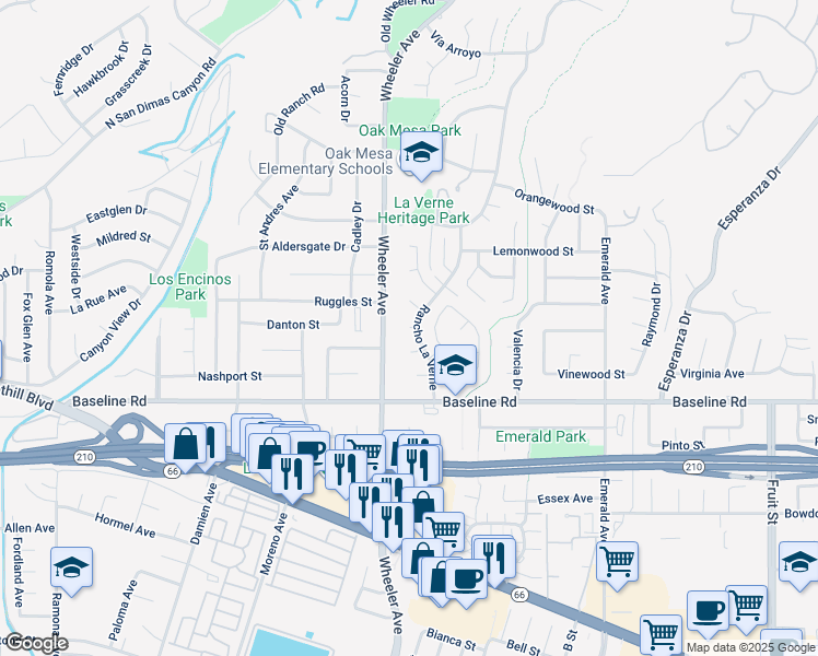 map of restaurants, bars, coffee shops, grocery stores, and more near 844 Vía Sevilla in La Verne