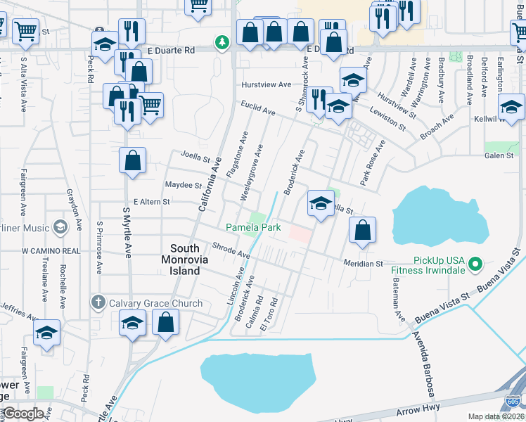 map of restaurants, bars, coffee shops, grocery stores, and more near 2192 Goodall Avenue in Duarte