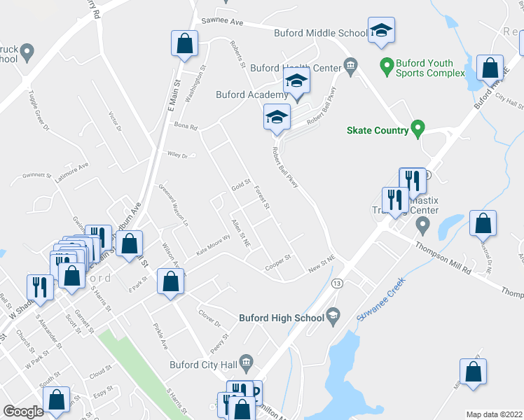 map of restaurants, bars, coffee shops, grocery stores, and more near 545 Forest Street in Buford