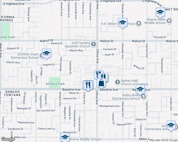 map of restaurants, bars, coffee shops, grocery stores, and more near 16001 Chase Road in Fontana