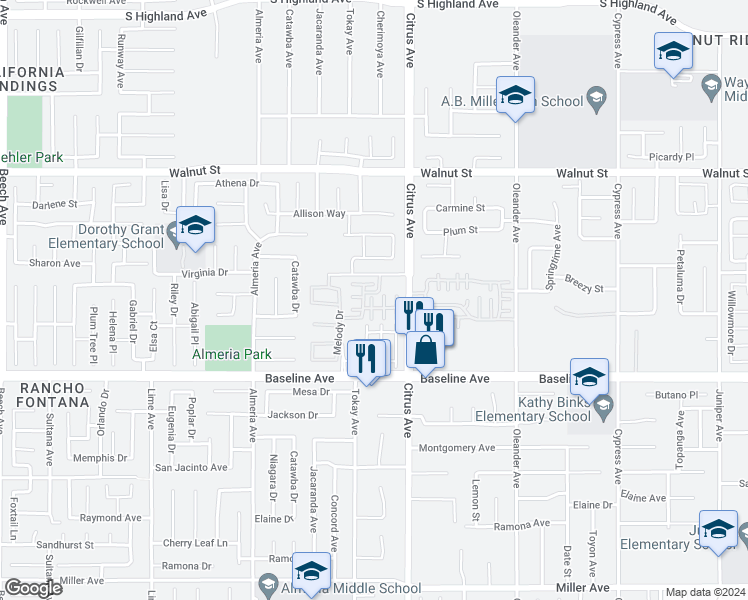 map of restaurants, bars, coffee shops, grocery stores, and more near 16001 Chase Road in Fontana