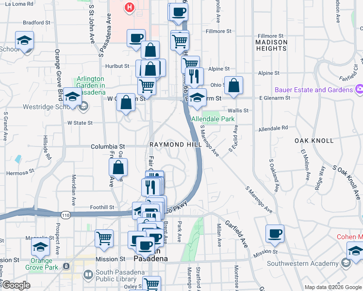 map of restaurants, bars, coffee shops, grocery stores, and more near in South Pasadena