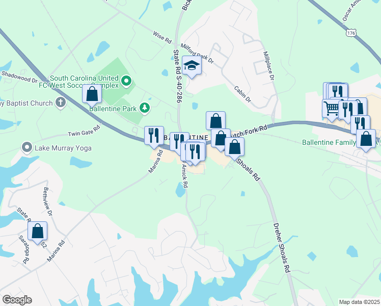 map of restaurants, bars, coffee shops, grocery stores, and more near 1339 Dutch Fork Road in Irmo