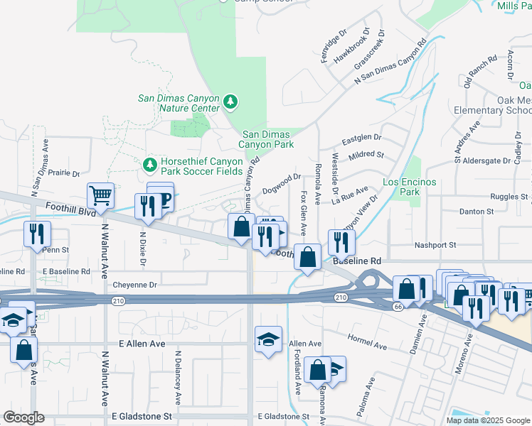 map of restaurants, bars, coffee shops, grocery stores, and more near 4679 Canyon Park Lane in La Verne