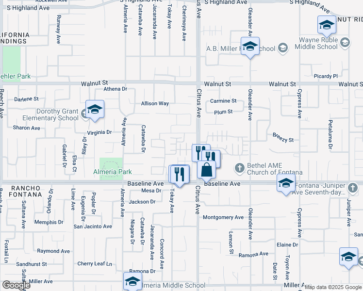 map of restaurants, bars, coffee shops, grocery stores, and more near 16001 Chase Road in Fontana