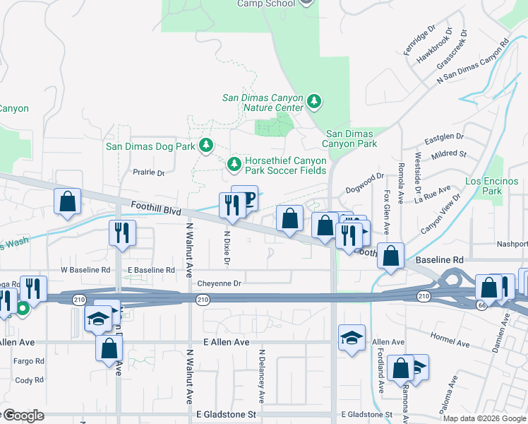 map of restaurants, bars, coffee shops, grocery stores, and more near 1209 Stone Creek Road in San Dimas
