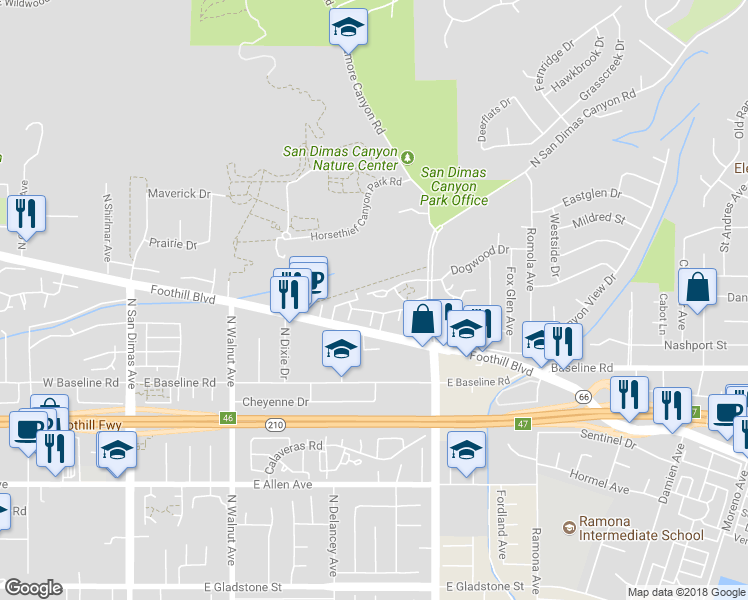 map of restaurants, bars, coffee shops, grocery stores, and more near 560 Canyon Hill Road in San Dimas