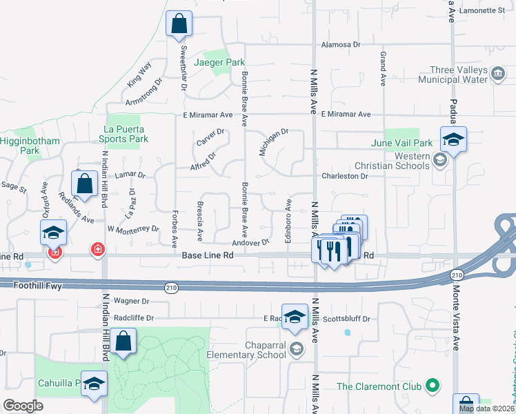 map of restaurants, bars, coffee shops, grocery stores, and more near 2214 Bonnie Brae Avenue in Claremont