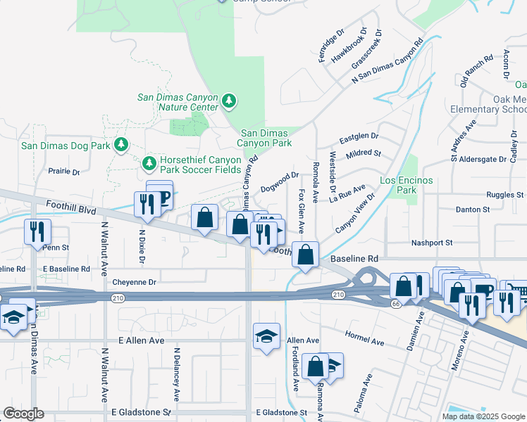 map of restaurants, bars, coffee shops, grocery stores, and more near 4679 Canyon Park Lane in La Verne