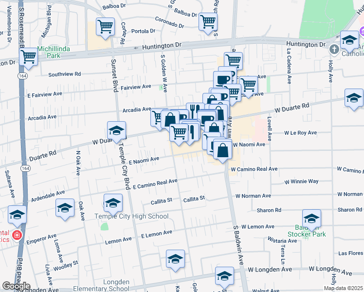 map of restaurants, bars, coffee shops, grocery stores, and more near 832 West Naomi Avenue in Arcadia