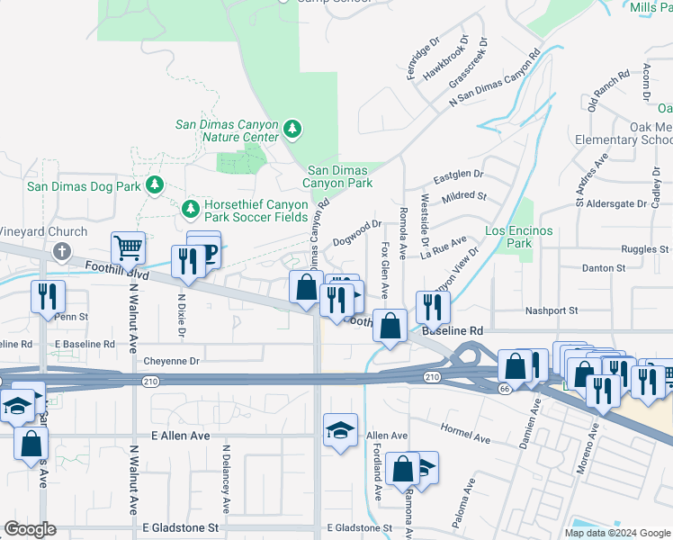 map of restaurants, bars, coffee shops, grocery stores, and more near 4679 Canyon Park Lane in La Verne