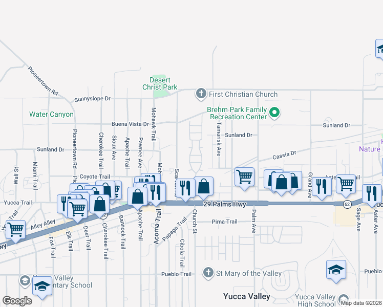 map of restaurants, bars, coffee shops, grocery stores, and more near 56254 29 Palms Highway in Yucca Valley