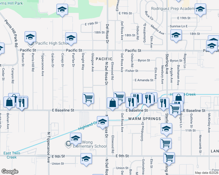 map of restaurants, bars, coffee shops, grocery stores, and more near 7183 North Del Rosa Drive in San Bernardino