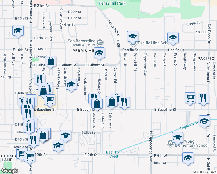 map of restaurants, bars, coffee shops, grocery stores, and more near 1294 Canyon Road in San Bernardino