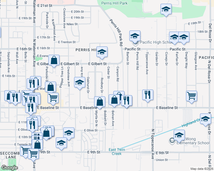 map of restaurants, bars, coffee shops, grocery stores, and more near 1301 Roxbury Drive in San Bernardino