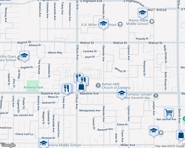 map of restaurants, bars, coffee shops, grocery stores, and more near 16214 Baseline Avenue in Fontana