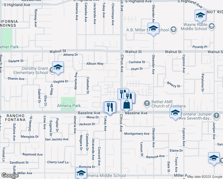 map of restaurants, bars, coffee shops, grocery stores, and more near 16001 Chase Road in Fontana