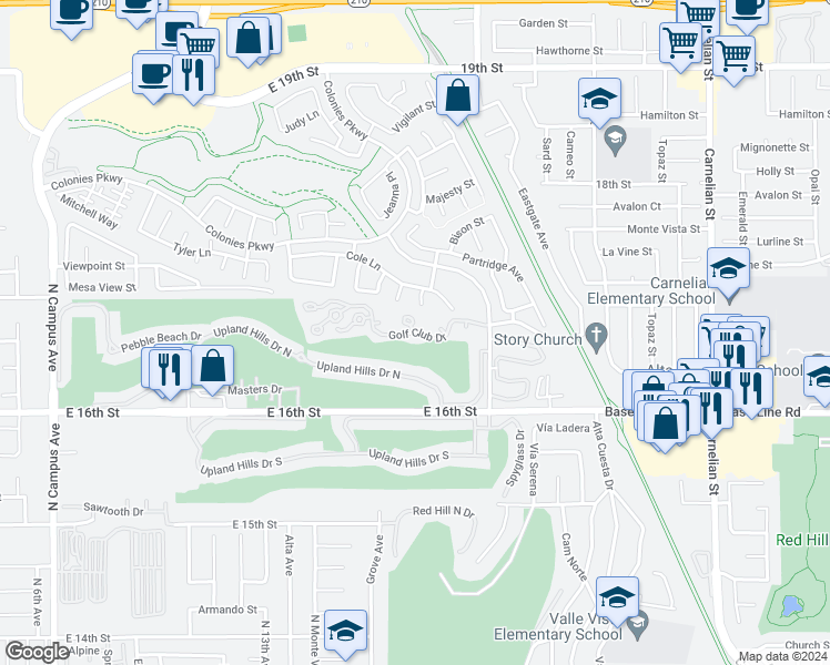 map of restaurants, bars, coffee shops, grocery stores, and more near 1501 Golf Club Drive in Upland