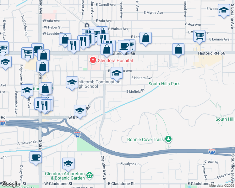 map of restaurants, bars, coffee shops, grocery stores, and more near 204 East Duell Street in Glendora