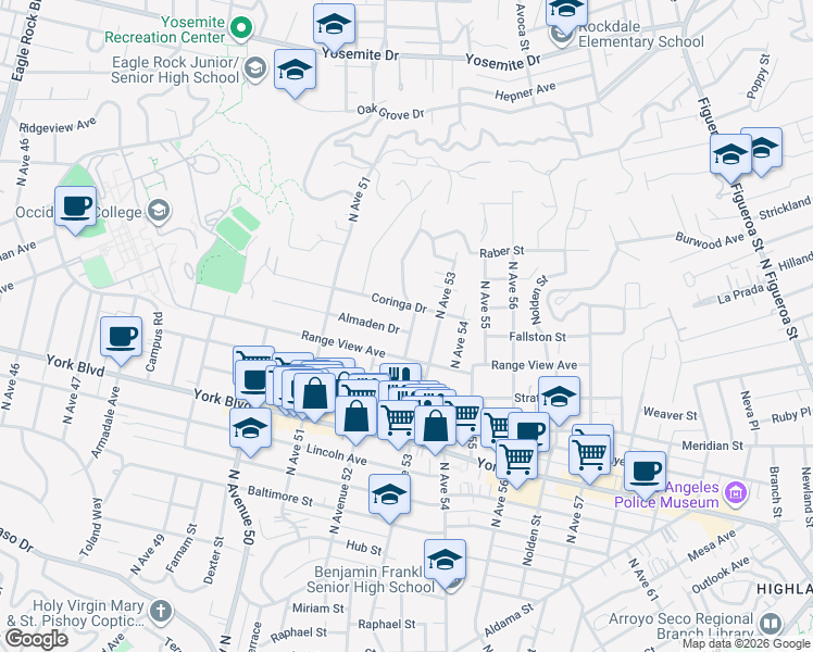 map of restaurants, bars, coffee shops, grocery stores, and more near 1721 North Avenue 53 in Los Angeles