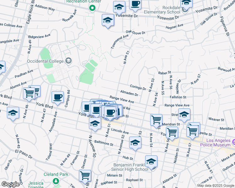 map of restaurants, bars, coffee shops, grocery stores, and more near 5050 Range View Avenue in Los Angeles