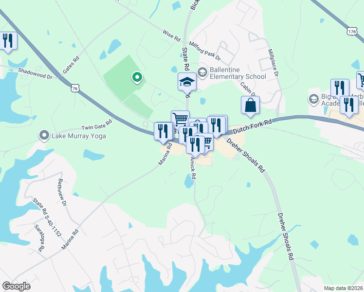 map of restaurants, bars, coffee shops, grocery stores, and more near 1002 A J Amick Road in Irmo