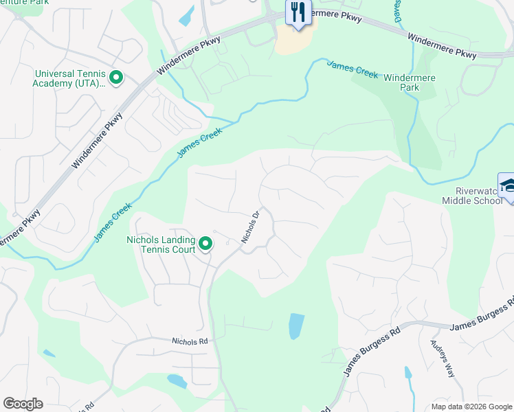 map of restaurants, bars, coffee shops, grocery stores, and more near 210 Nichols Drive in Suwanee