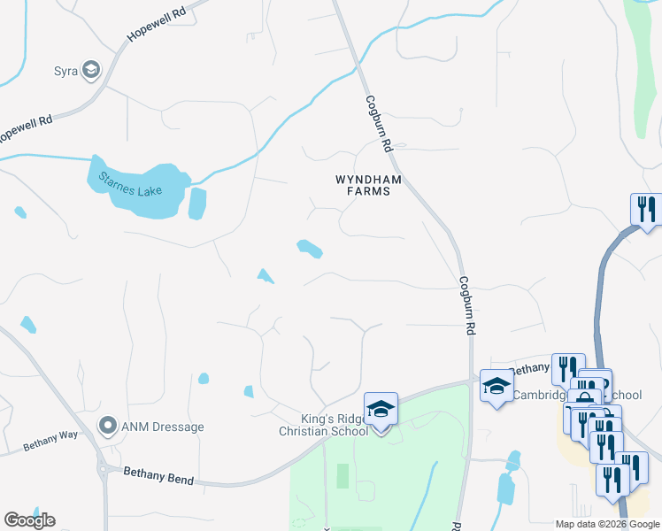 map of restaurants, bars, coffee shops, grocery stores, and more near 605 Devonshire Farms Way in Alpharetta