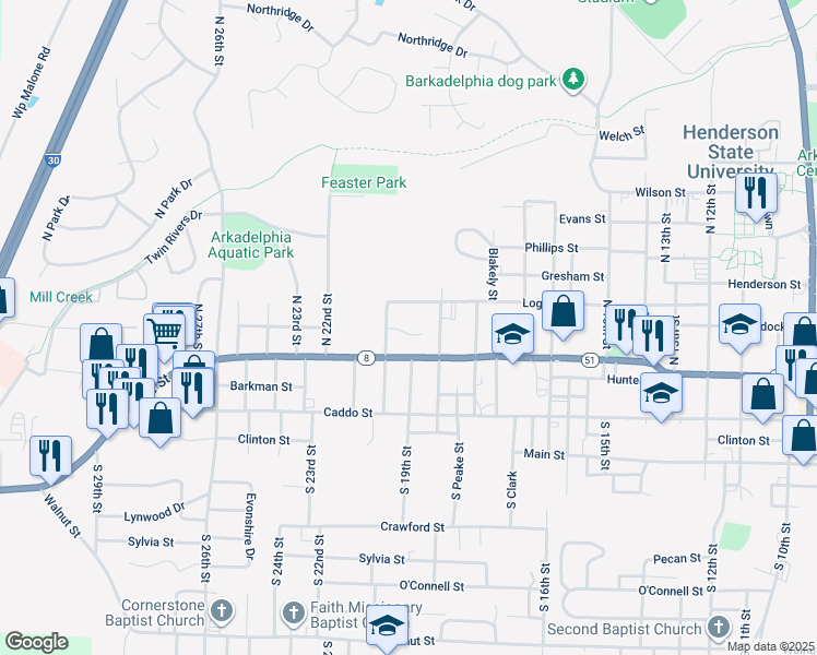 map of restaurants, bars, coffee shops, grocery stores, and more near 235 North 20th Street in Arkadelphia