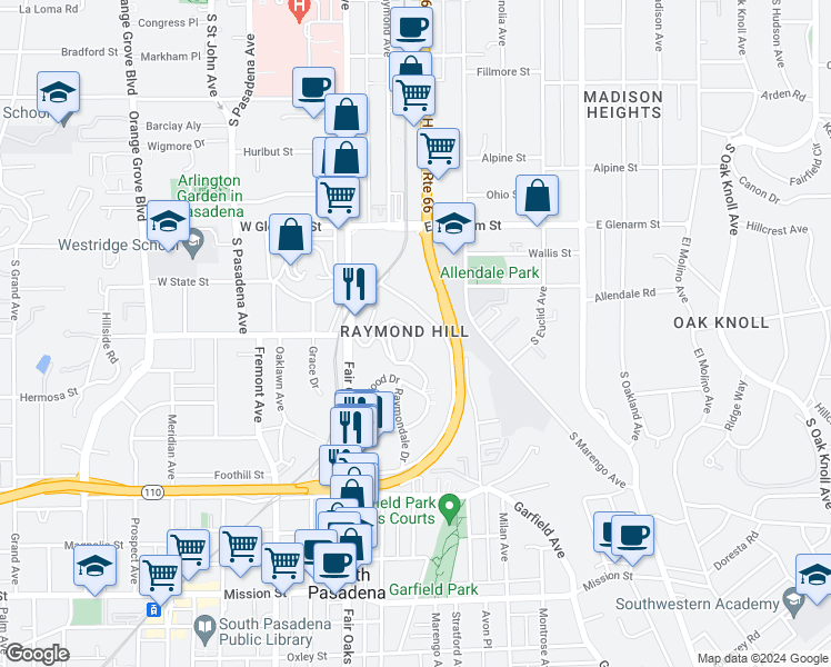 map of restaurants, bars, coffee shops, grocery stores, and more near 1722 Raymond Hill Road in South Pasadena