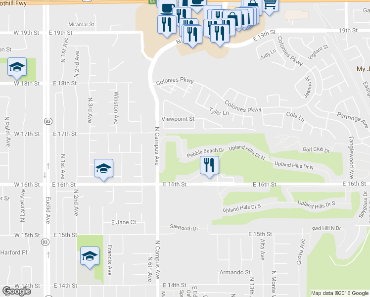 map of restaurants, bars, coffee shops, grocery stores, and more near 851 Pebble Beach Drive in Upland
