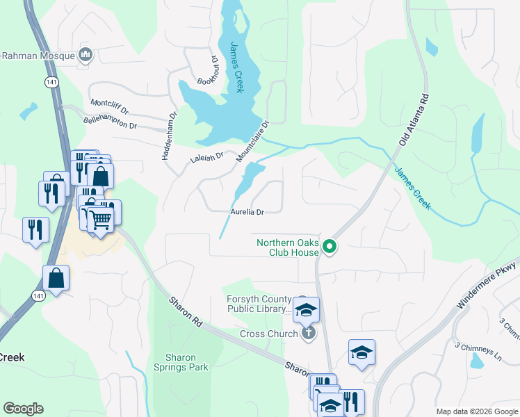 map of restaurants, bars, coffee shops, grocery stores, and more near 1725 Aurelia Drive in Cumming