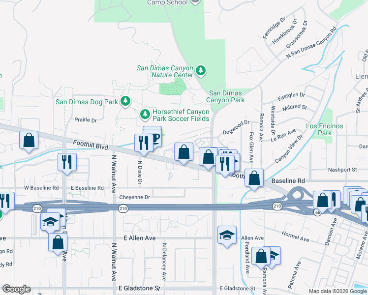 map of restaurants, bars, coffee shops, grocery stores, and more near 560 Canyon Hill Road in San Dimas