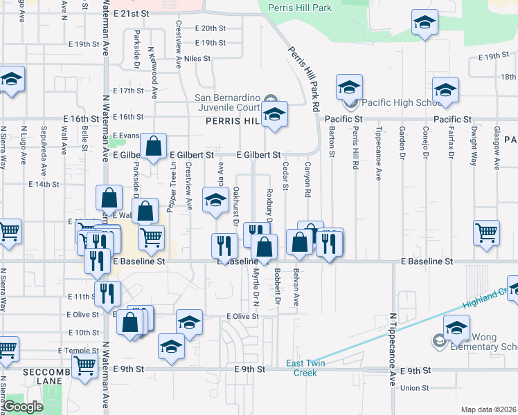 map of restaurants, bars, coffee shops, grocery stores, and more near 1333 Windsor Drive in San Bernardino