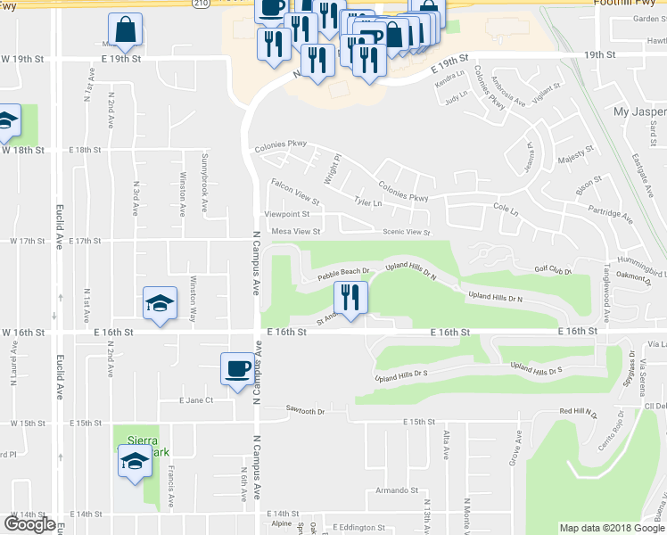 map of restaurants, bars, coffee shops, grocery stores, and more near 1031 Pebble Beach Drive in Upland