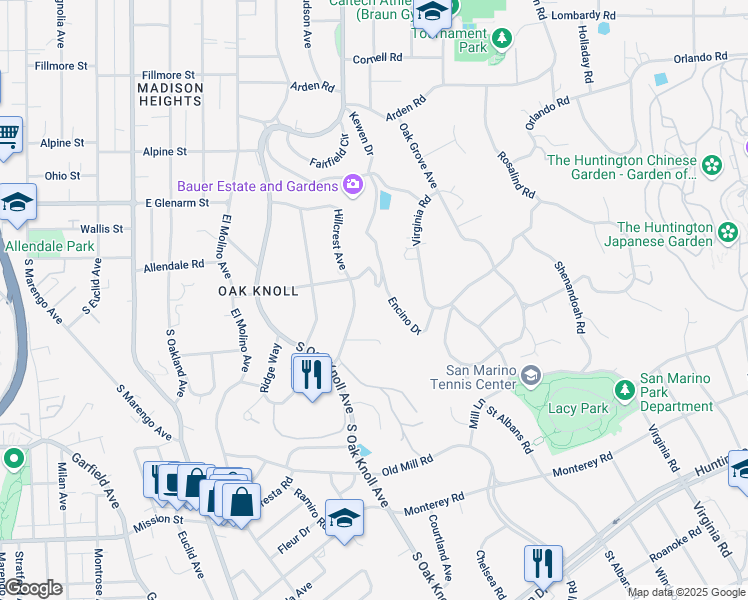 map of restaurants, bars, coffee shops, grocery stores, and more near 1344 Hillcrest Avenue in Pasadena
