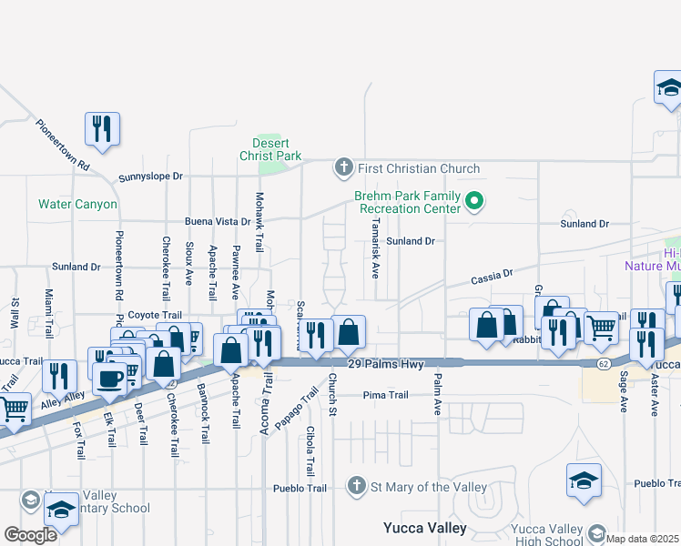 map of restaurants, bars, coffee shops, grocery stores, and more near 56254 29 Palms Highway in Yucca Valley