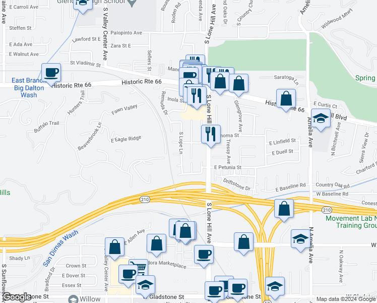 map of restaurants, bars, coffee shops, grocery stores, and more near 817 Caballo Avenue in Glendora