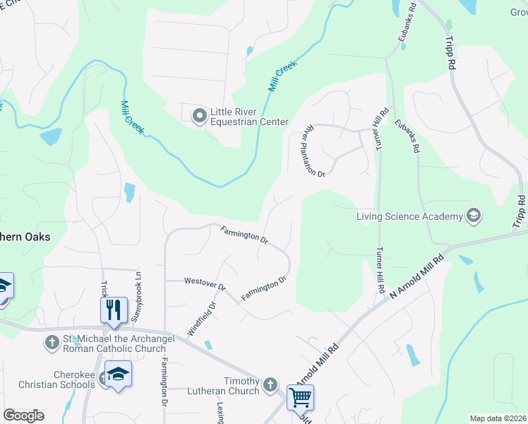 map of restaurants, bars, coffee shops, grocery stores, and more near 1107 Canterbury Lane in Woodstock